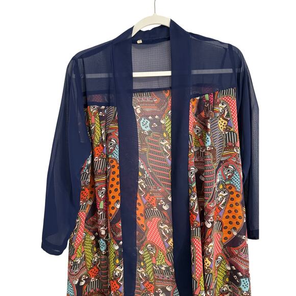 Womens M Colorful Art Open Front Sheer 3/4 Sleeve Hi Lo Cardigan Travel Egyptian - Picture 3 of 9